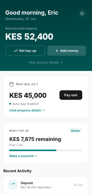 RentRow home screen showing rent status and balance