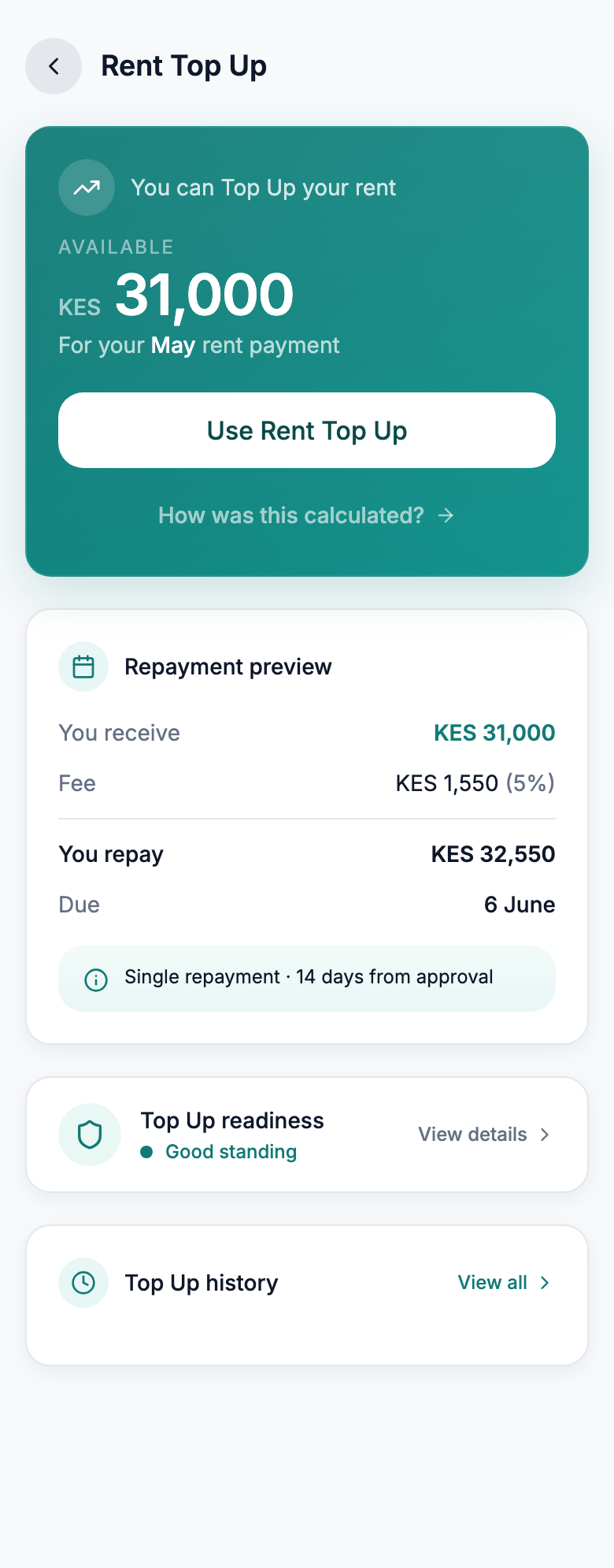 Top Up eligibility screen showing available amount