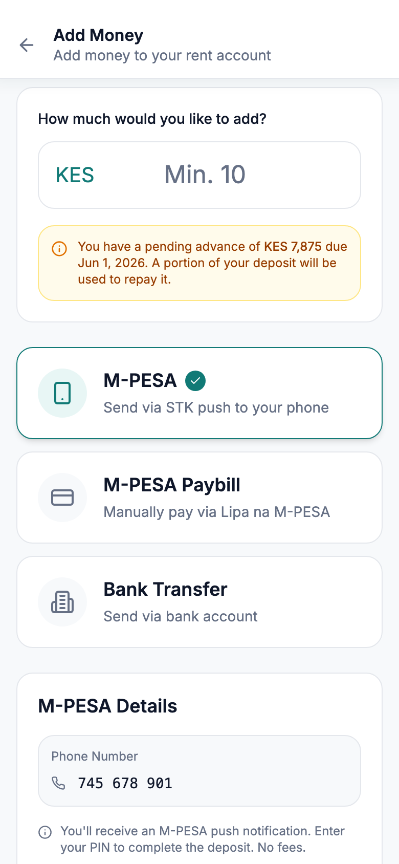 Add money to Rent Account via M-PESA or bank transfer