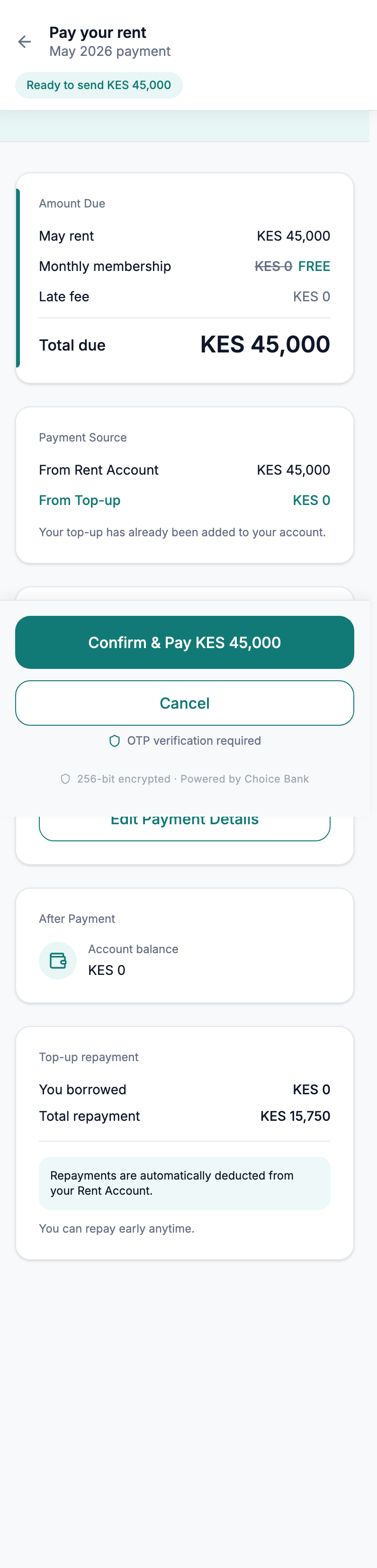 Pay rent screen with amount and confirmation