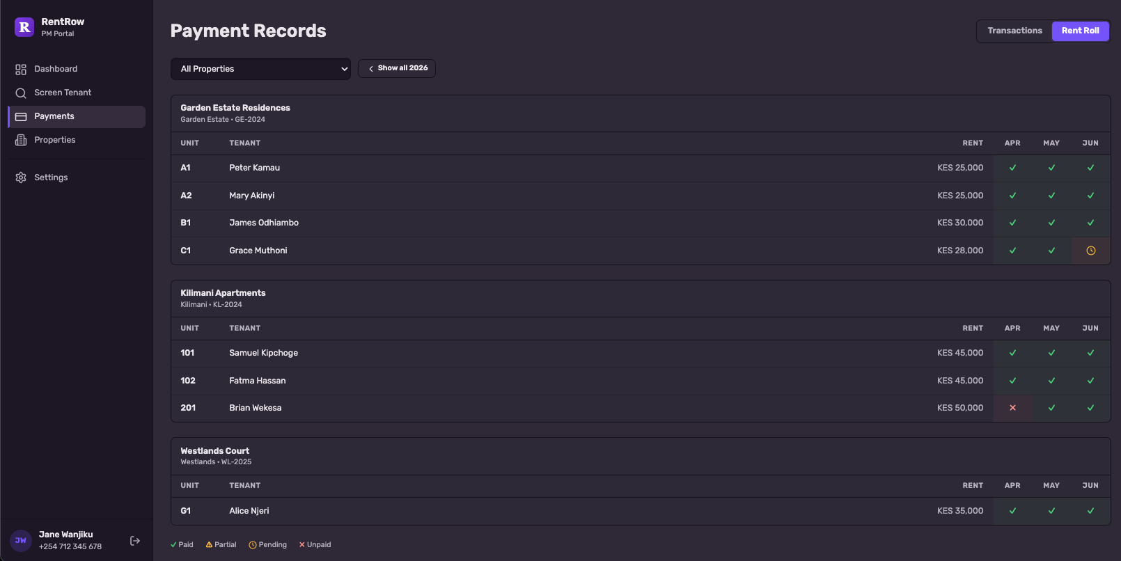 Payment history showing all rent collections and transactions
