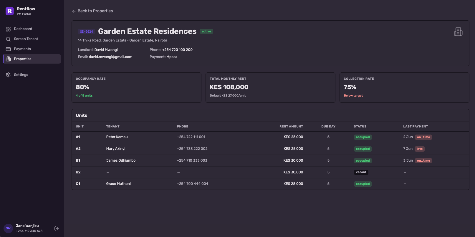 Property detail view with units, tenants, and rent settings