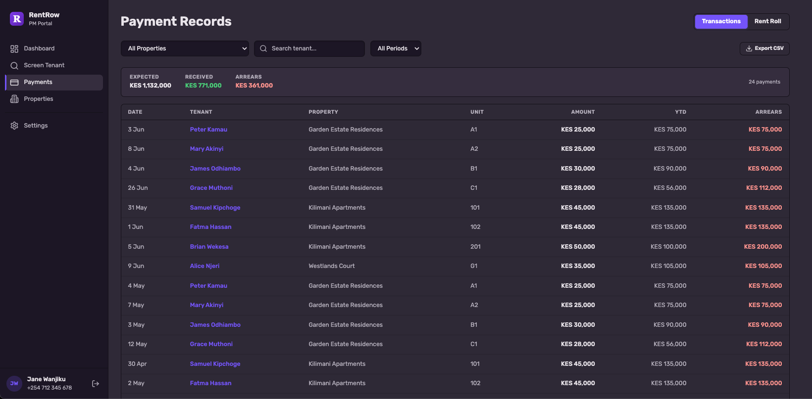 Rent roll view showing all tenants and their payment status