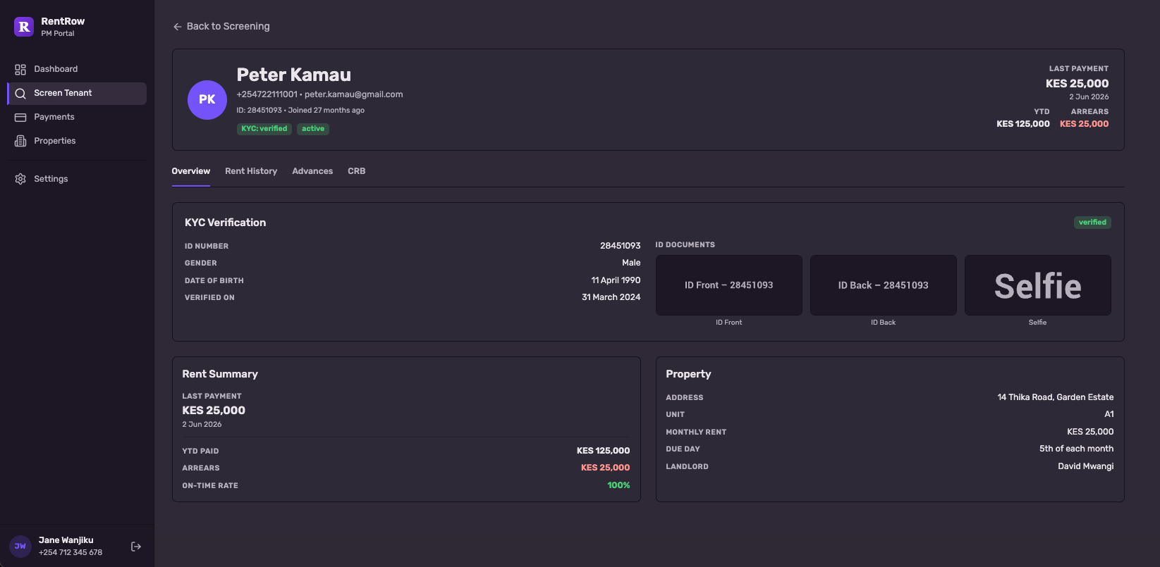 Tenant management screen with contact details and payment history